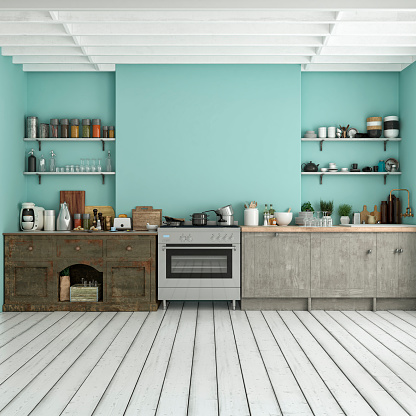 Empty classic vintage kitchen on light blue wall background with table, decoration and copy space. Vintage effect applied. 3d rendered image.