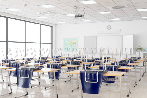 Empty Classroom Closed Due To The Covid-19 Pandemic stock photo