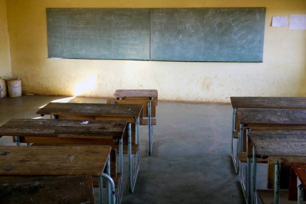 Empty classroom in poor school stock photo