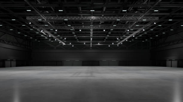 centro de exposições vazio com treliça. cenário para estandes de exposição.3d render. - warehouse - fotografias e filmes do acervo