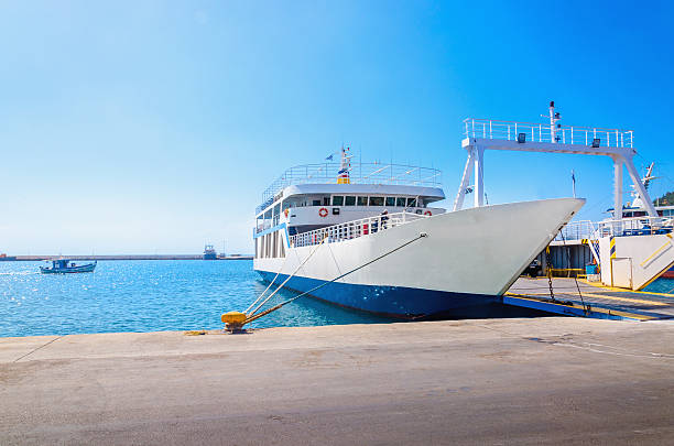Empty ferry in typical Greek blue white colors stock photo