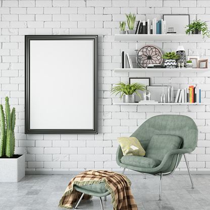 Mock up poster with yellow sofa, cactus and wooden frame, 3d illustration