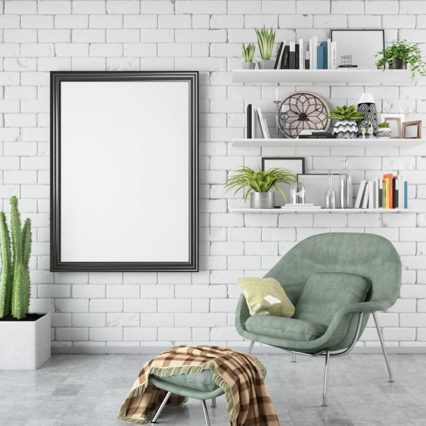 Empty Frame in Living Room picture frame in living room shelf photos stock pictures, royalty-free photos & images