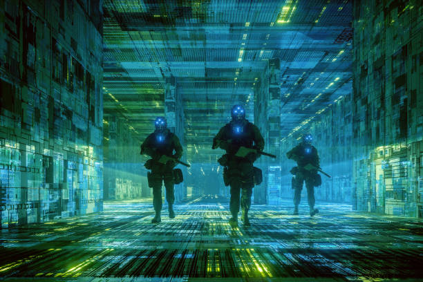 Empty futuristic city corridors with cyborg soldiers Empty futuristic city corridors with cyborg soldiers walking, 3D generated image. militia stock pictures, royalty-free photos & images