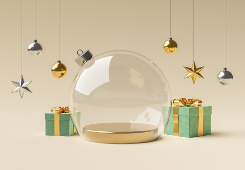 empty crystal christmas ball with ornaments and gifts around. product display, stage, cylinder. 3d render