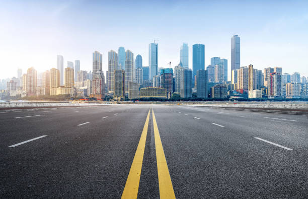 empty highway with cityscape and skyline of chongqing,China. stock photo