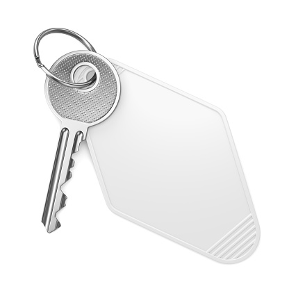 Steel keyring with blank label for text or number and metal door motel room key isolated on white background. 3D illustration