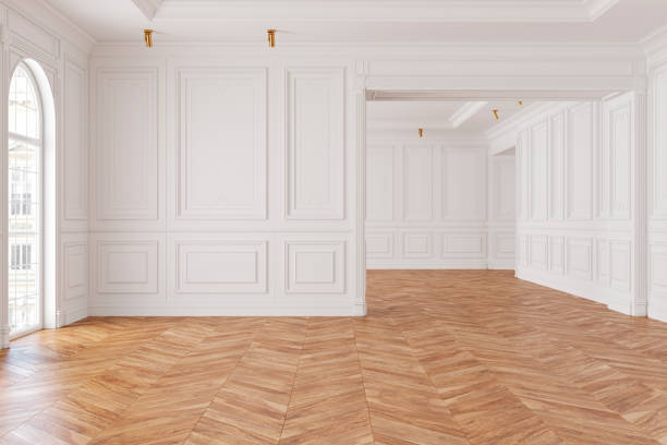 moderno clásico blanco interior habitación vacía. ilustración de render 3d imitan para arriba. - parqué fotografías e imágenes de stock