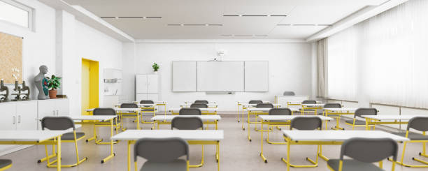 Empty Modern Classroom With Hand Sanitizer And Sink stock photo