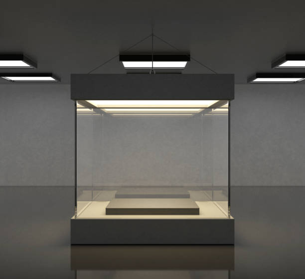 Empty modern gallery space with bright showcase Empty modern gallery space with bright showcase retail display stock pictures, royalty-free photos & images