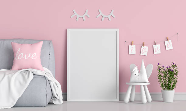 Empty photo frame for mockup in child room Empty photo frame for mockup in child room, Valentine Concept domestic room photos stock pictures, royalty-free photos & images