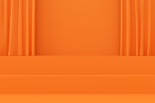 3d rendering of  blank product stand with staircase for the presentations. Minimal Design. Orange Color.