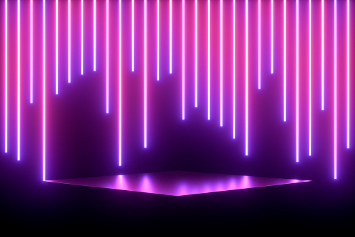 Ultraviolet Neon Laser Glowing Lines, Abstract 3D Background. 3D Rendering, Copy space for advertisement. Empty Product Stand, Platform, Podium for the Product placement.