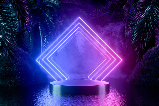 3d rendering of Empty Product Stand, Podium, Pedestal, Exhibition with Palm Trees and Neon Lights on Dark Background. Copy space for image montage.