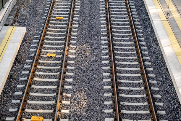 Empty railway tracks, high-speed train tracks, view from above stock photo