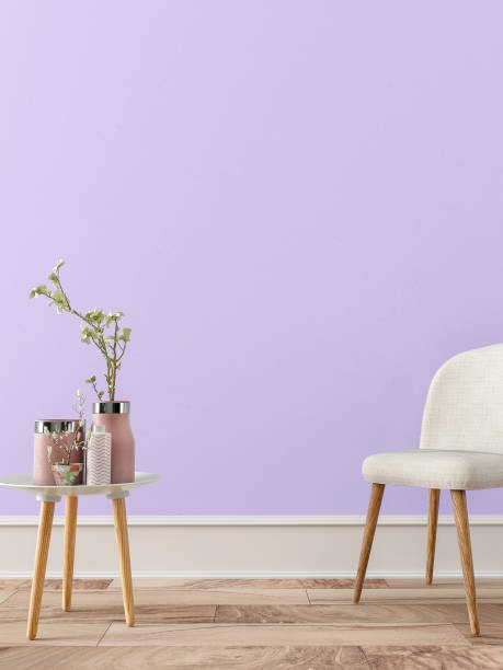 Empty retro interior with decoration Empty retro interior on lavender plaster wall background on hardwood floor with copy space and decoration. Slight vintage effect added. 3D rendered image. lavender color photos stock pictures, royalty-free photos & images
