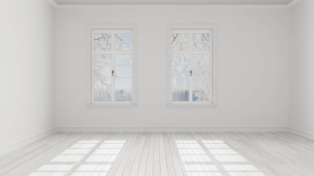 Empty room interior design, open space with big two panoramic windows, white parquet floor, winter snow panorama, modern architecture idea stock photo