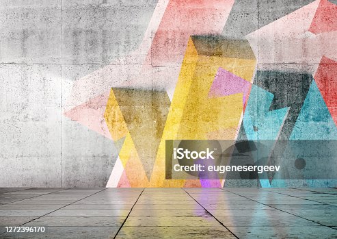 istock Empty room with colorful geometric graffiti, 3d 1272396170