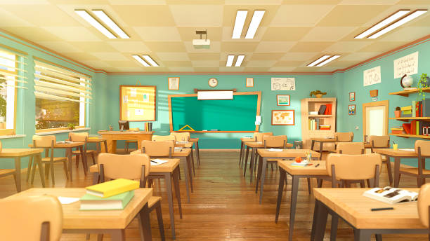 Empty school classroom in cartoon style. Education concept without students. 3d rendering interior illustration. Back to school design template. Classroom in quarantine on coronavirus COVID-19. Empty school classroom in cartoon style. Education concept without students. 3d rendering interior illustration. Back to school design template. Classroom in quarantine on coronavirus COVID-19. elementary age stock pictures, royalty-free photos & images