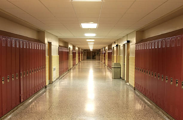 Empty School Hallway Empty School Hallway with Student Lockers corridor stock pictures, royalty-free photos & images