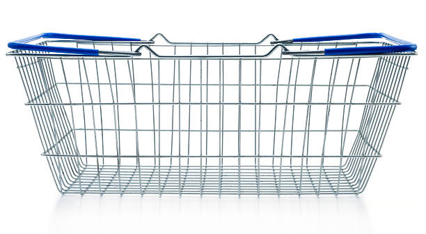 Empty shopping basket metal with blue handles stock photo