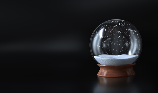 Empty Snow globe Christmas covered with snow and dark background - 3D rendering - Illustration