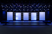 istock Empty stage Design for mockup and Corporate identity,Display.Platform elements in hall.Blank screen system for Graphic Resources.Scene event led night light staging,3D render. 1332139055