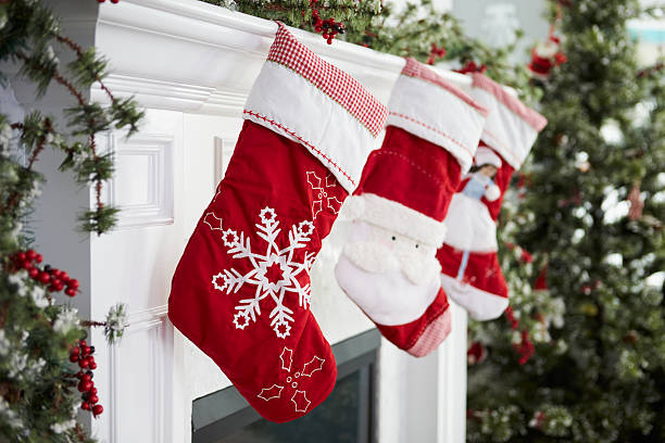 Empty Stockings Hung On Fireplace On Christmas Eve  christmas stocking stock pictures, royalty-free photos & images