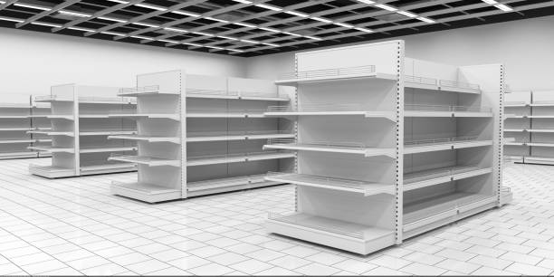 Empty supermarket shelf Empty supermarket shelf in the interior store. 3d image. market retail space stock pictures, royalty-free photos & images