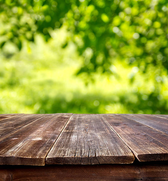 empty table outdoors - boomgaard stockfoto's en -beelden
