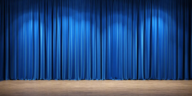 empty theater stage with blue velvet curtains. - cortina imagens e fotografias de stock