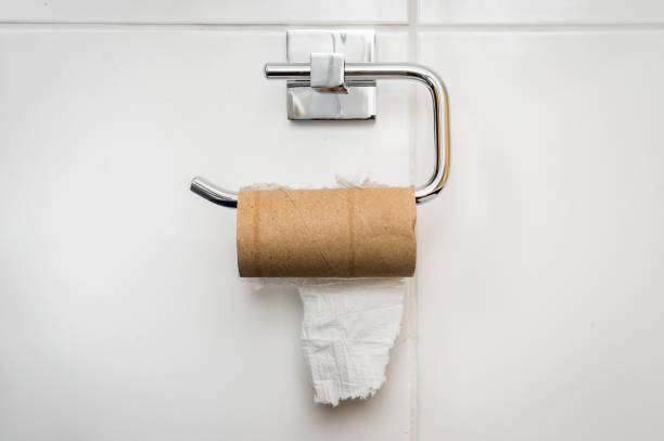 Empty toilet paper roll in public restroom stock photo