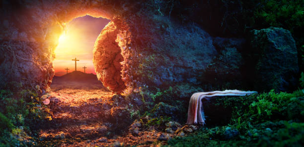 Empty Tomb - Resurrection Of Jesus Christ Empty tomb At Sunrise With Shroud tomb stock pictures, royalty-free photos & images