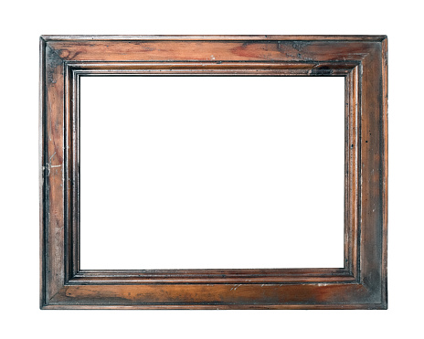 empty vintage brown photo picture frame isolated on white background closeup.
