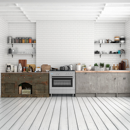 Empty classic vintage kitchen on white metro tiled wall background, on white/gray hardwood floor with appliances, shelves, decoration and copy space. Vintage effect applied. 3d rendered image.