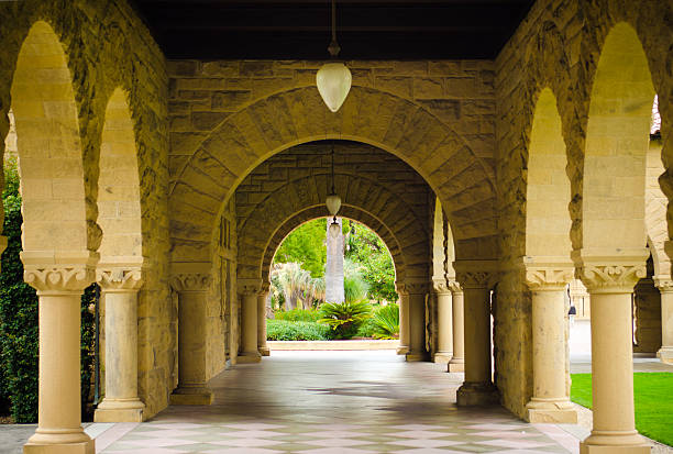 Empty walkway with columns at Stanford University stock photo