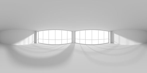 HDRI environment map of empty white business office room with empty space and sunlight from windows, colorless 360 degrees spherical panorama view from center, 3d illustration