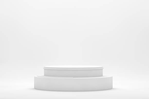 3D Empty White Product Stand, Platform, Podium on White Background 3d rendering of white color blank product stands on white background for the presentations. construction platform stock pictures, royalty-free photos & images
