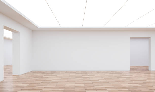 Empty white room modern space interior 3d rendering image Empty white room modern space interior 3d rendering image.White room Many rooms are connected.There are wood floor,white wall art museum stock pictures, royalty-free photos & images