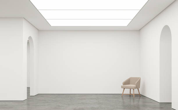 Empty white room modern space interior 3d rendering image Empty white room modern space interior 3d rendering image.White room Many rooms are connected with arch shape door.There are poliished concrete floor,white wall art museum stock pictures, royalty-free photos & images