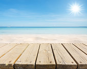 istock Empty wooden platform beside sandy beach in the sun 1139683326