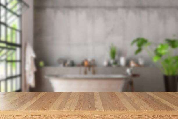 Empty Wooden Table in Bath Room Empty Wooden Table in Bath Room. 3d Render bathroom stock pictures, royalty-free photos & images
