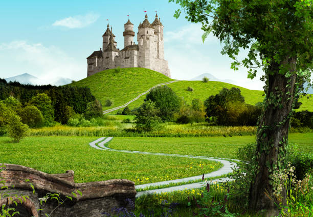 Enchanting old fairytale castle on a top of a hill Enchanting old fairytale castle on a top of a hill, in an idyllic landscape, 3d render. palace stock pictures, royalty-free photos & images