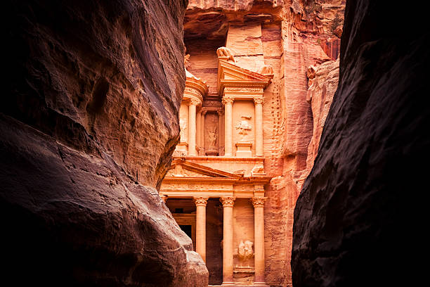 End of the Siq - Al Khazneh in Petra stock photo