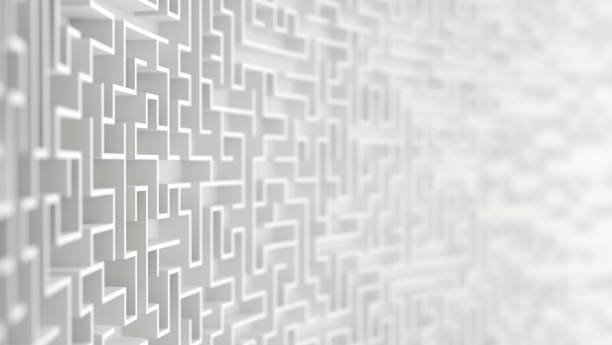 endlose weiße labyrinth labyrinth hintergrund 3d-illustration mit tiefenschärfe. - labyrinth stock-fotos und bilder