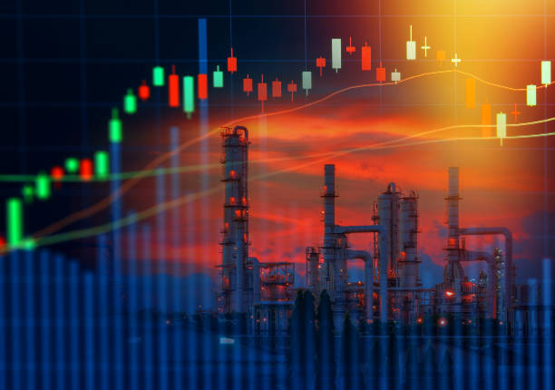 Energy crisis concept with oil refinery industry background,Double exposure. Energy crisis concept with oil refinery industry background,Double exposure. oil market  stock pictures, royalty-free photos & images