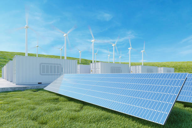 energilagringssystem. solpaneler, vindkraftverk och litiumjonbatteribehållare - wind and solar energy bildbanksfoton och bilder