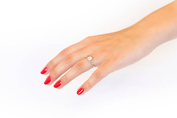 Engagement diamond. Studio shot of ring with diamond. gold ring on finger stock pictures, royalty-free photos & images