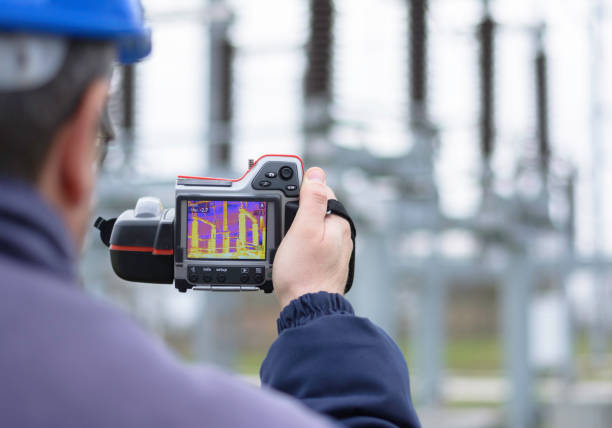 Engineer checking the internal temperature on high voltage transformer in electricity substation Thermal image camera. Technician use thermal imaging camera to check temperature on industrial equipment infrared stock pictures, royalty-free photos & images