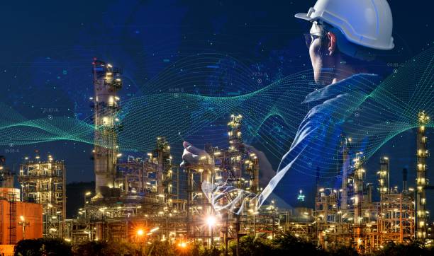 engineer oil gas energy plant industry night light background, power energy and sustainable resource environment technology stock photo